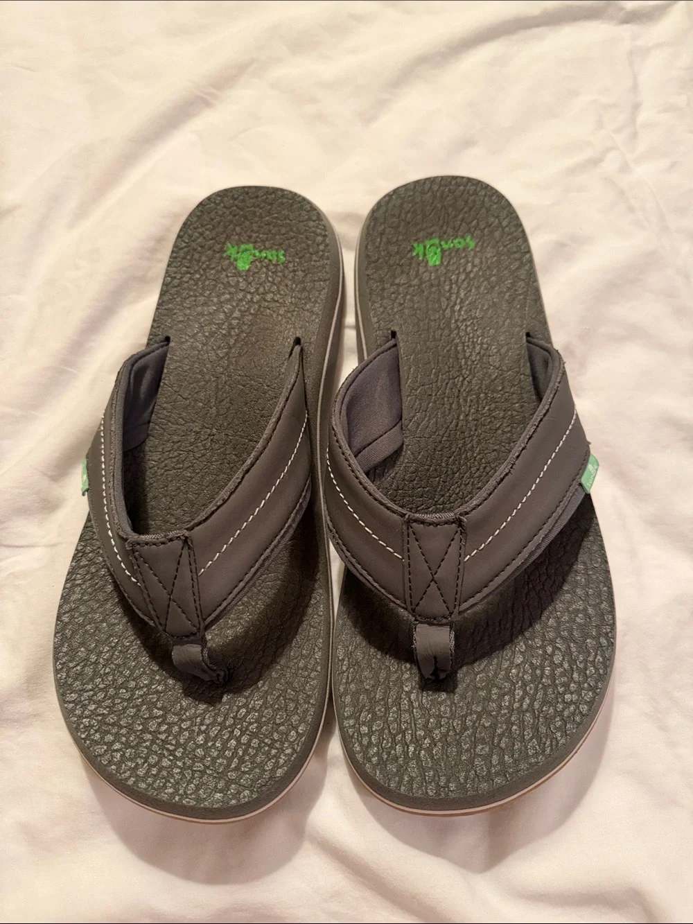 Sanuk Dark Gray Flip Flop Sandals with Green Logo Accent